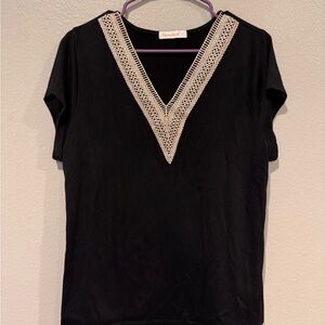 Chic Black V-Neck Top with Lace Accent